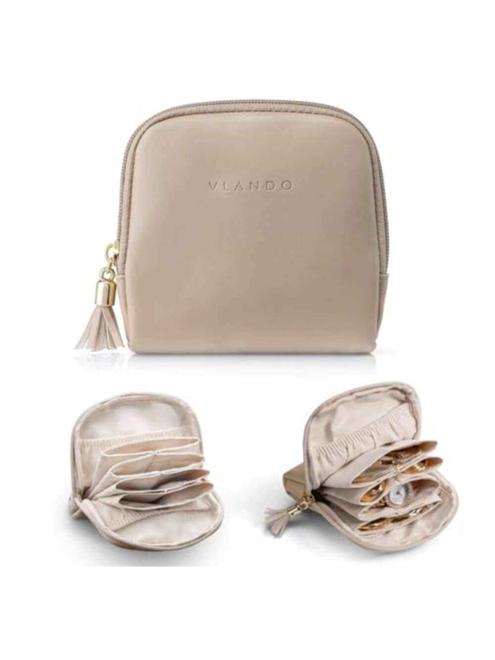 Small Travel Jewelry Case with 3 Velvet Pouches & Zipper PU Leather Organizer
